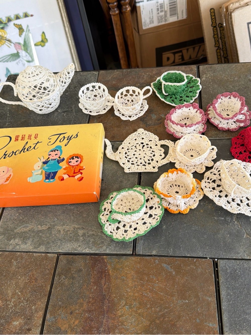Vintage Crocheted Tea Set, Cups, Saucers , Lidded Teapot + Shanghai dolls/ Box